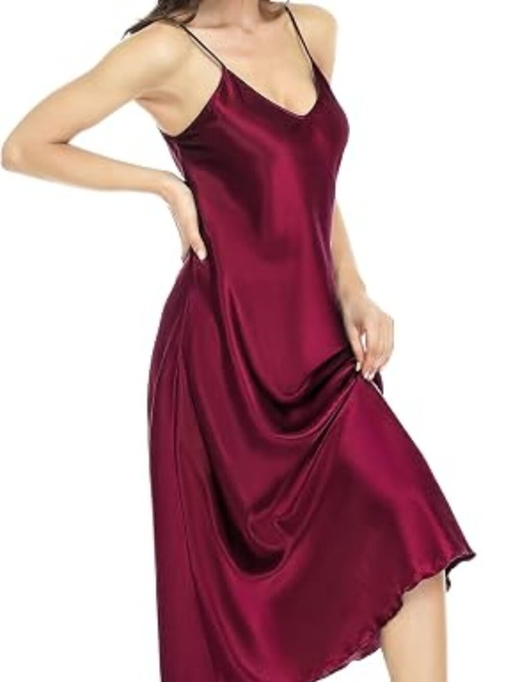 Women Satin Nightgown Sexy Long Lingerie Dress Color Purplish Red